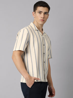 Cuban Collar Half Sleeve Striped Shirt in Beige/Blue - Comfort Fit