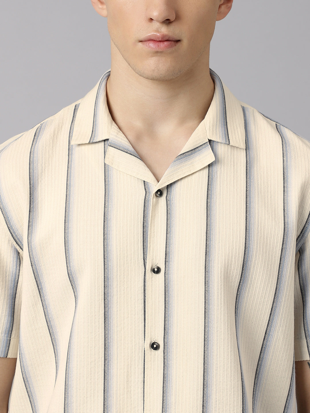 Cuban Collar Half Sleeve Striped Shirt in Beige/Blue - Comfort Fit