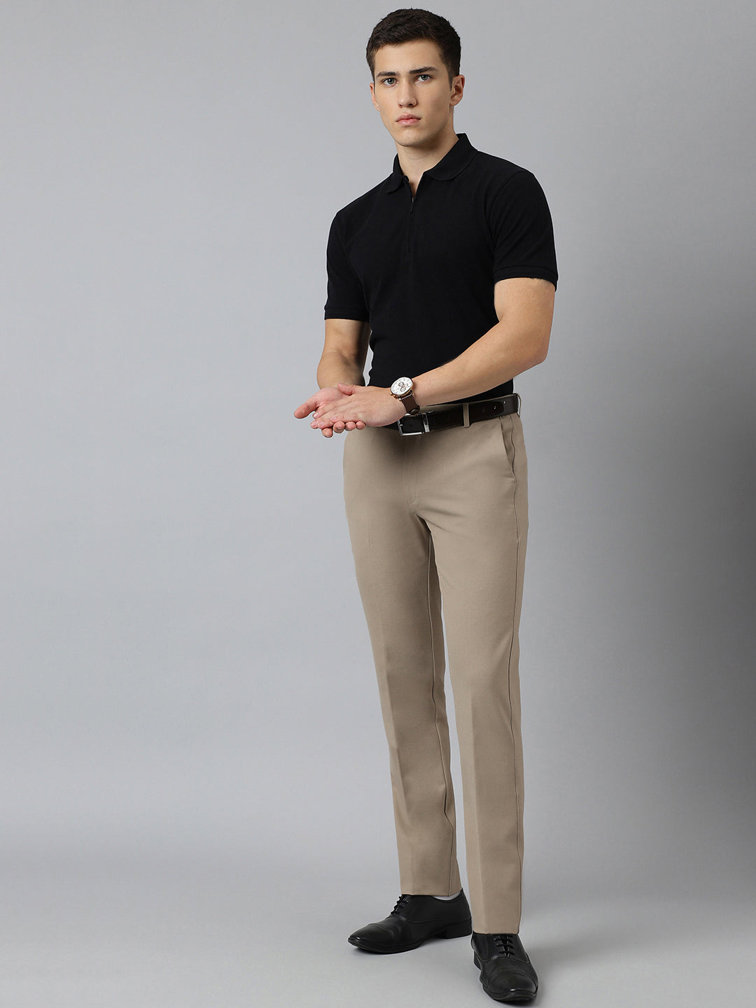 Flex Waist 4-Way Stretch Formal Trousers in Beige - Slim Fit