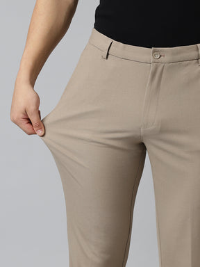 Flex Waist 4-Way Stretch Formal Trousers in Beige - Slim Fit